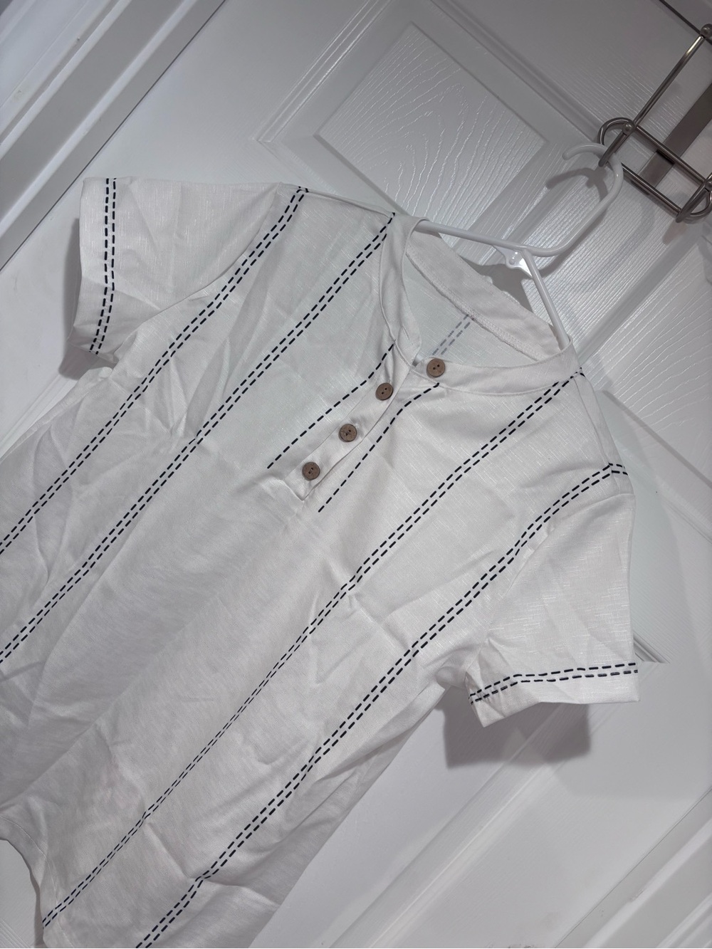 White Short Sleeve Henley Shirt with Black Stitch Detail
